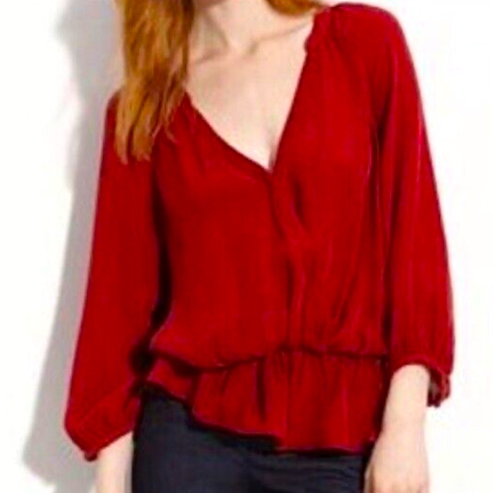 Joie Silk Long-Sleeve Blouse Size S Deep Red V-Neck Elegant Feminine Timeless - Picture 2 of 10